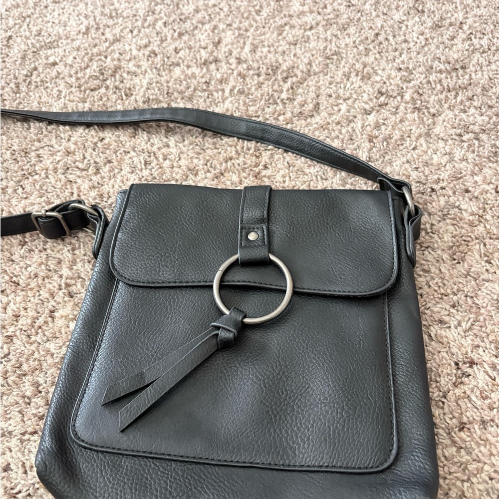 Chic Black Leather Crossbody Bag with Ring Detail